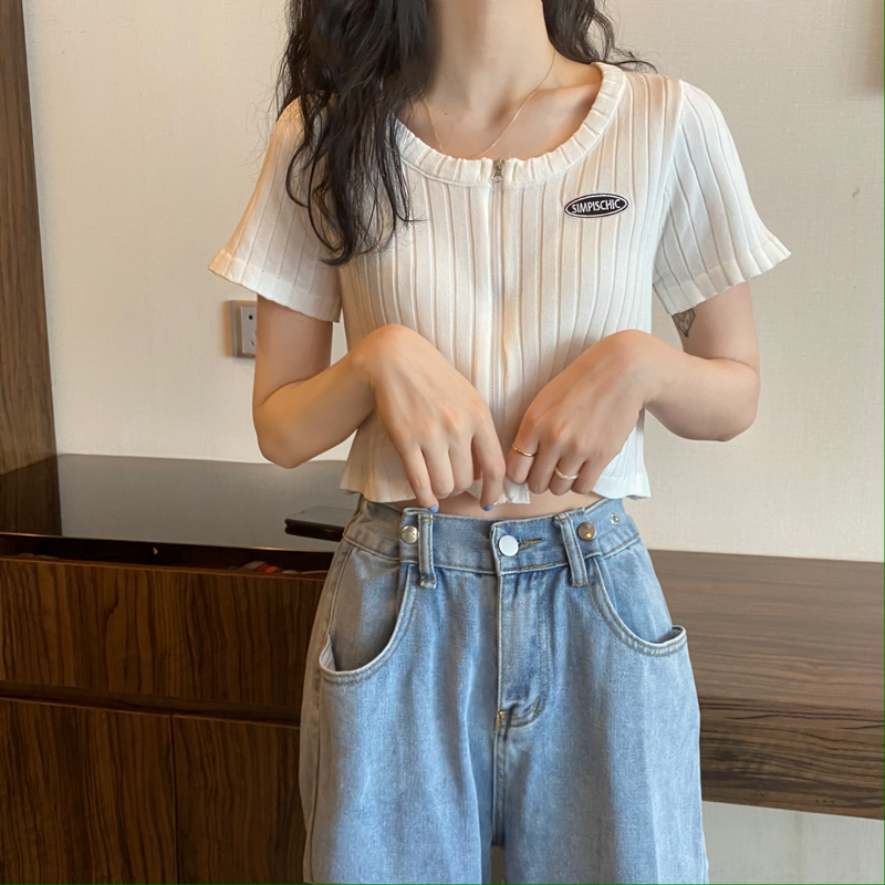 ワンポイントジップトップス カジュアルで可愛いデザイン S1468