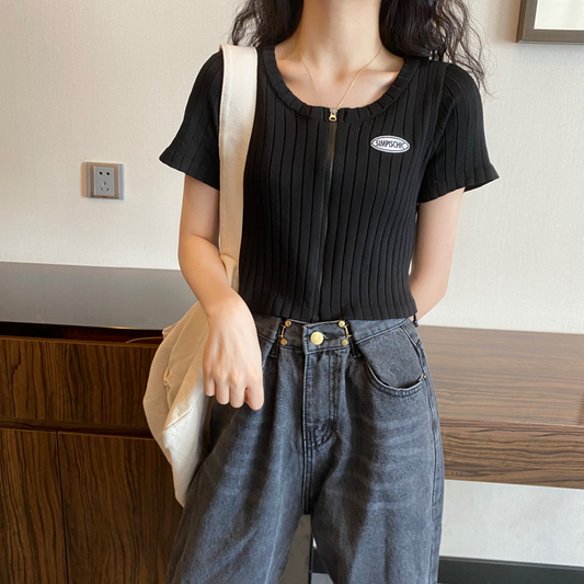 ワンポイントジップトップス カジュアルで可愛いデザイン S1468