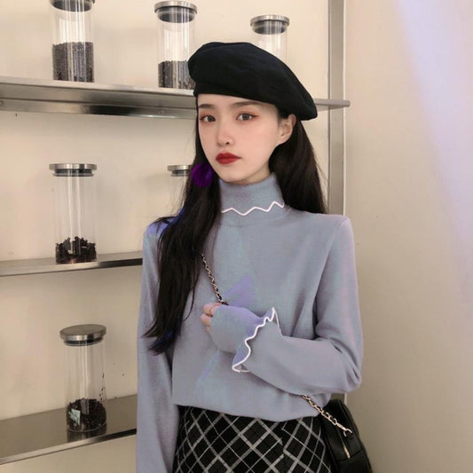 バイカラーラインが可愛いタートルネックメローニット S1101