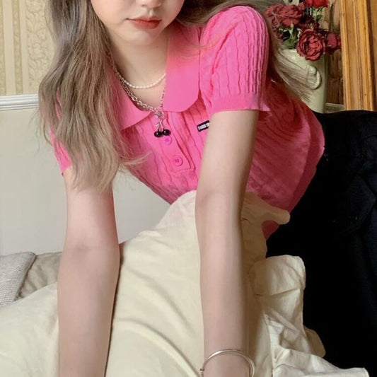 ワンポイントケーブル編みポロシャツ かわいいデザイン S1450