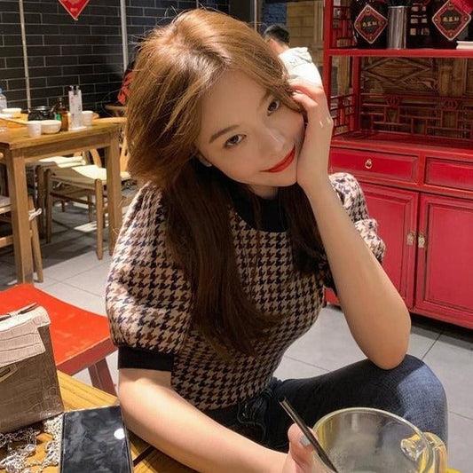 千鳥柄パフスリーブトップス キュートなデザイン S1451