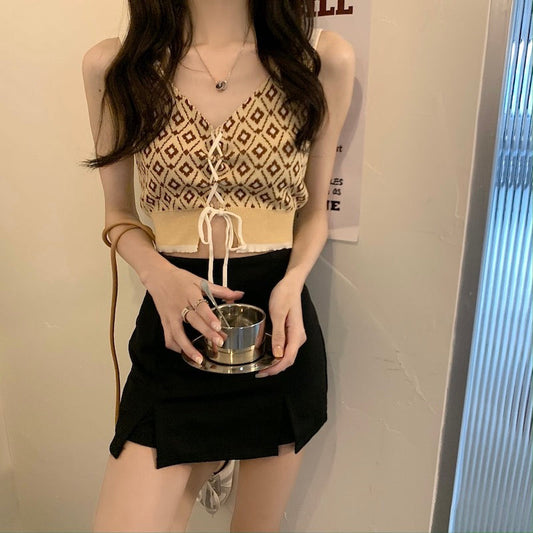 レースアップデザインのニットトップス S1187