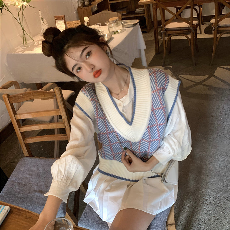 ライトカラーVネックベスト♡優しいチェックが可愛い S2617