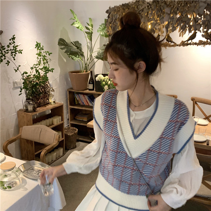 ライトカラーVネックベスト♡優しいチェックが可愛い S2617