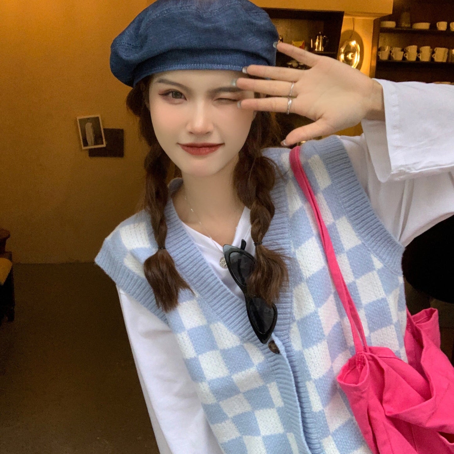 ユニセックス ブロックチェックベスト♡お揃いコーデに S2596