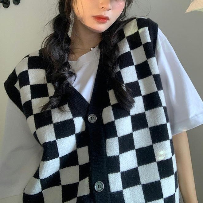 ユニセックス ブロックチェックベスト♡お揃いコーデに S2596