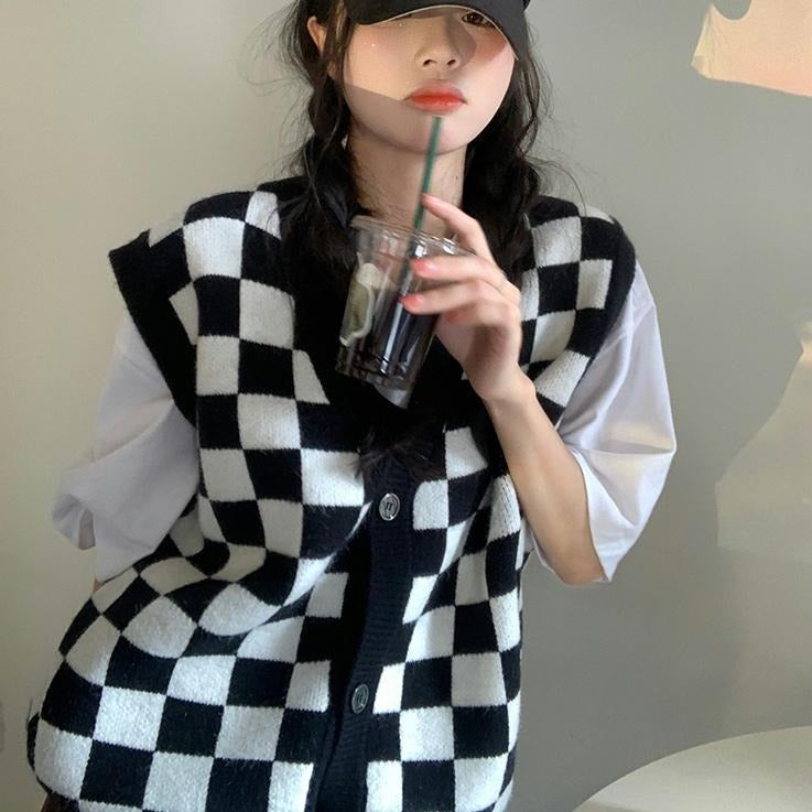 ユニセックス ブロックチェックベスト♡お揃いコーデに S2596