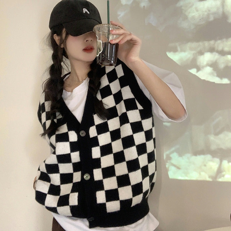 ユニセックス ブロックチェックベスト♡お揃いコーデに S2596