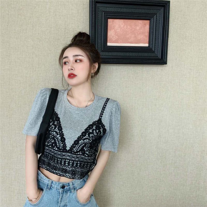 フェイクレイヤードレースTシャツ ガーリーなデザイン S1506