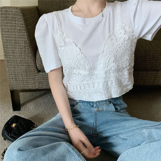 フェイクレイヤードレースTシャツ ガーリーなデザイン S1506