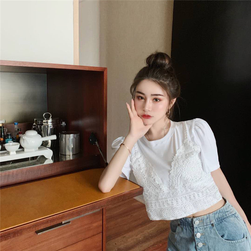 フェイクレイヤードレースTシャツ ガーリーなデザイン S1506