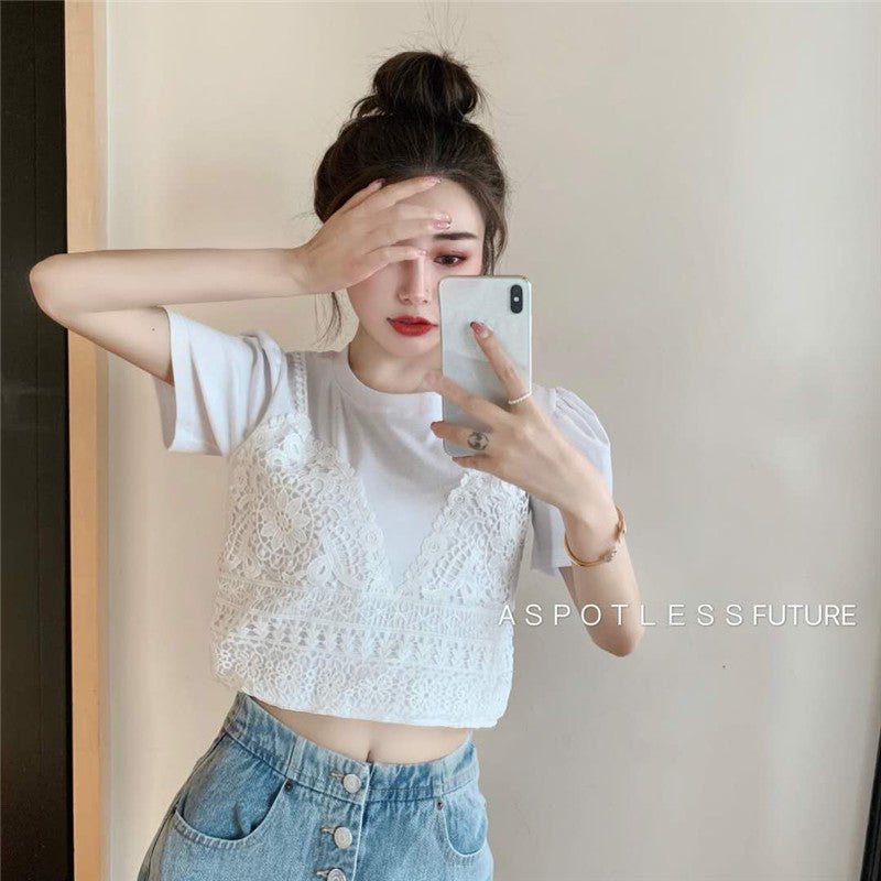 フェイクレイヤードレースTシャツ ガーリーなデザイン S1506