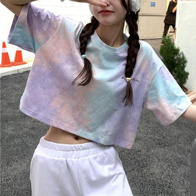 タイダイ柄ワンポイントTシャツ カジュアルで可愛い S1539