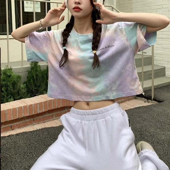 タイダイ柄ワンポイントTシャツ カジュアルで可愛い S1539
