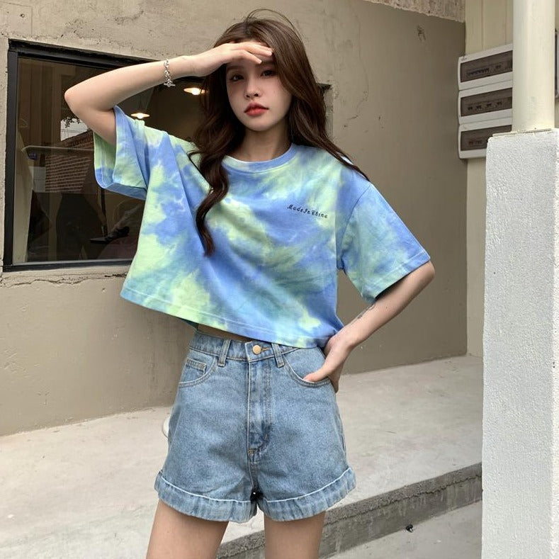 タイダイ柄ワンポイントTシャツ カジュアルで可愛い S1539