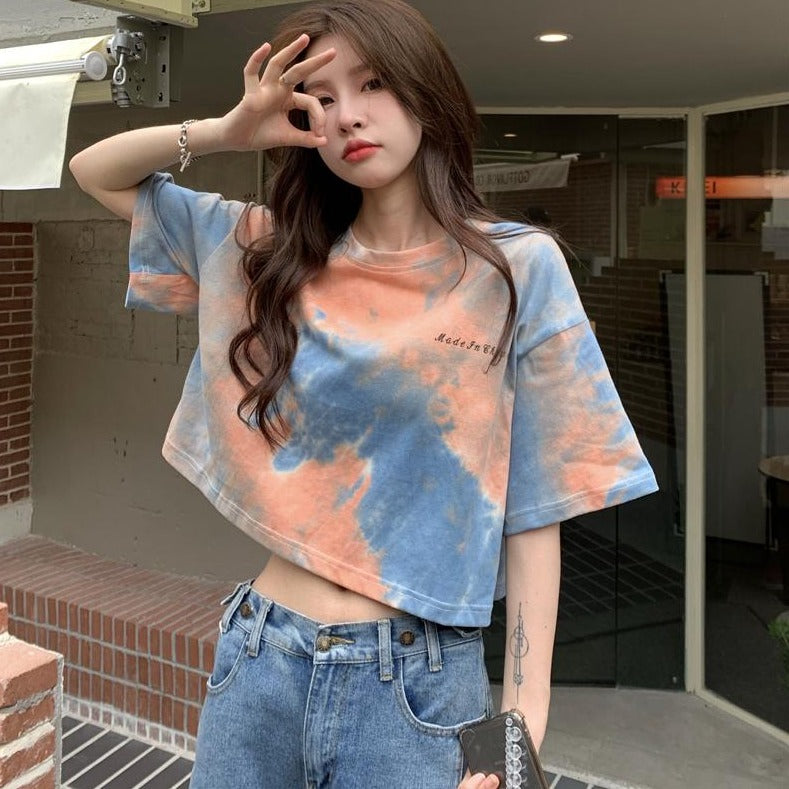 タイダイ柄ワンポイントTシャツ カジュアルで可愛い S1539
