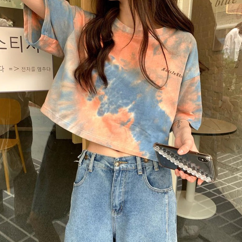 タイダイ柄ワンポイントTシャツ カジュアルで可愛い S1539