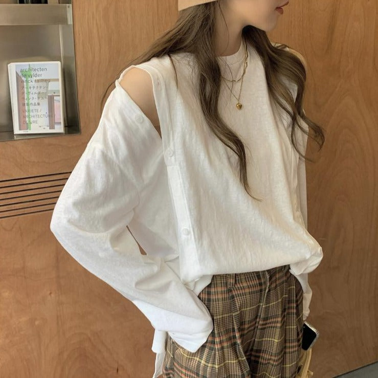 ボタンデザインのロングカットソー♡大人可愛い着こなし S2651