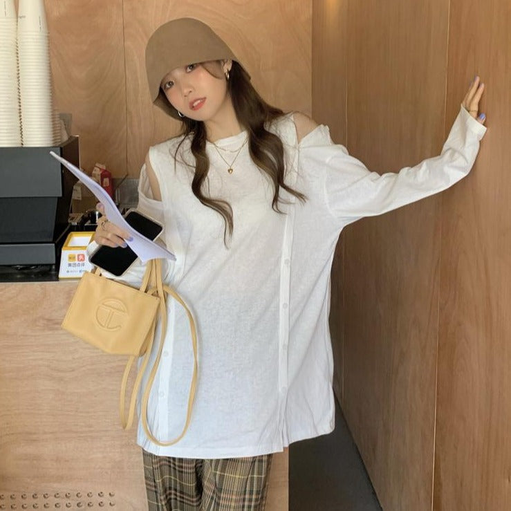 ボタンデザインのロングカットソー♡大人可愛い着こなし S2651