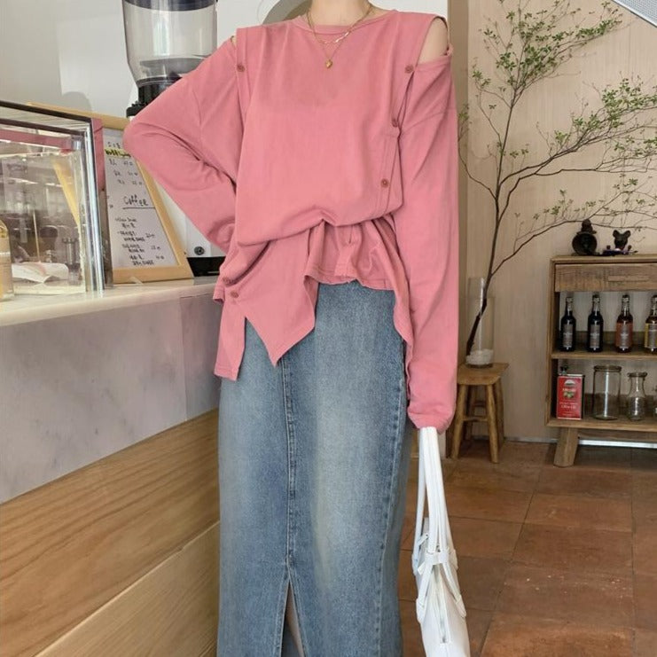 ボタンデザインのロングカットソー♡大人可愛い着こなし S2651