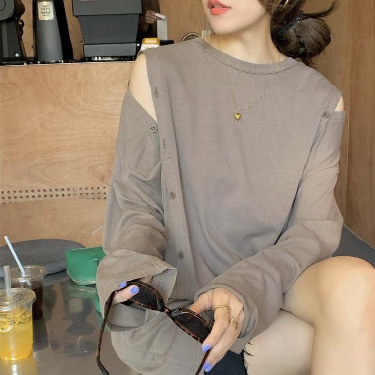 ボタンデザインのロングカットソー♡大人可愛い着こなし S2651