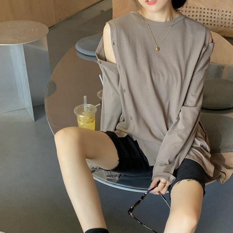 ボタンデザインのロングカットソー♡大人可愛い着こなし S2651