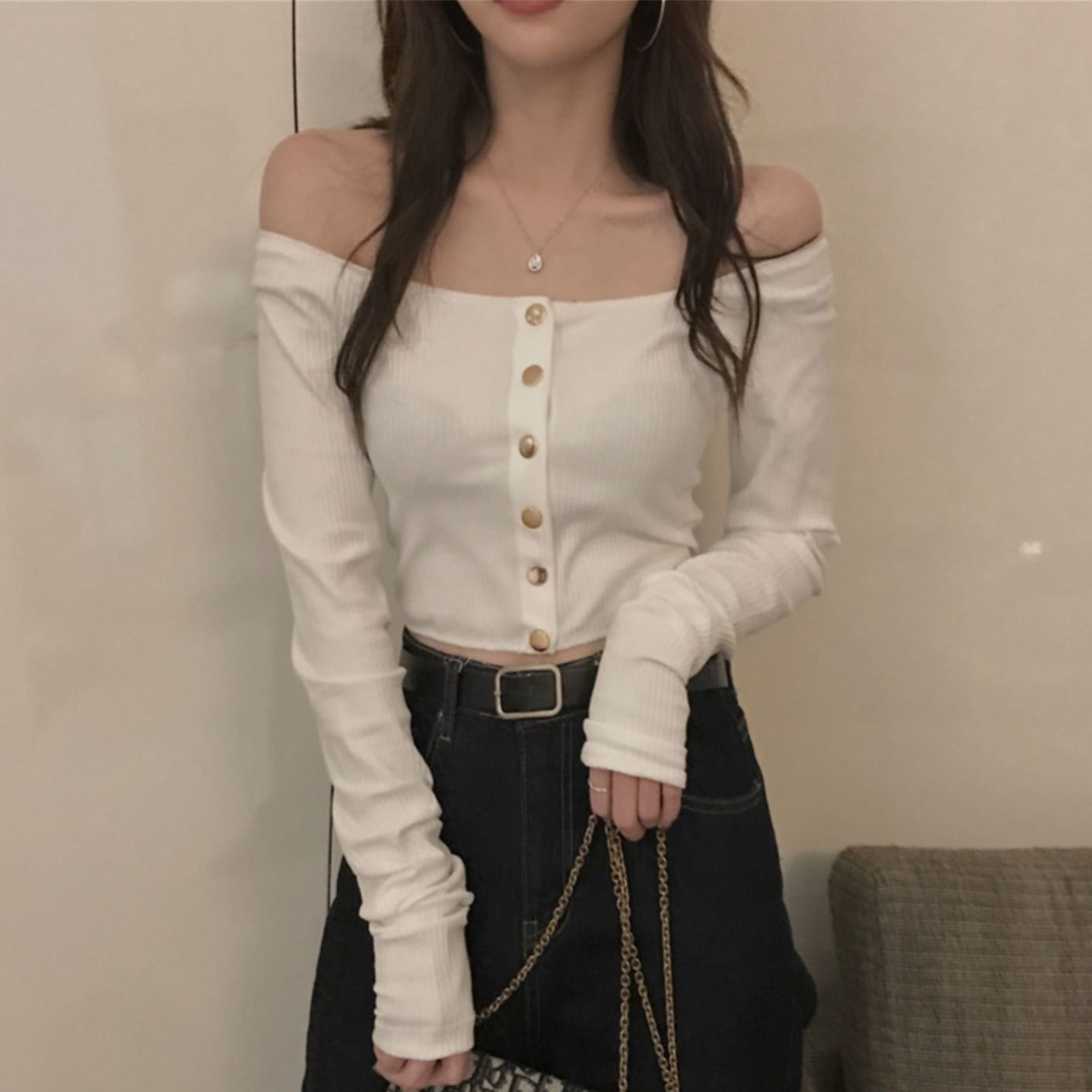 2wayゴールドボタントップス♡デコルテ美しく S1746