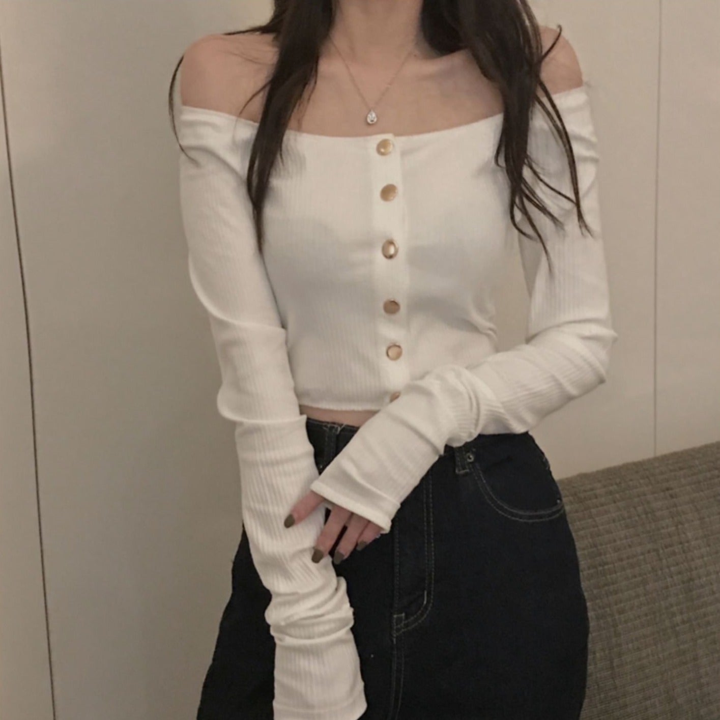 2wayゴールドボタントップス♡デコルテ美しく S1746
