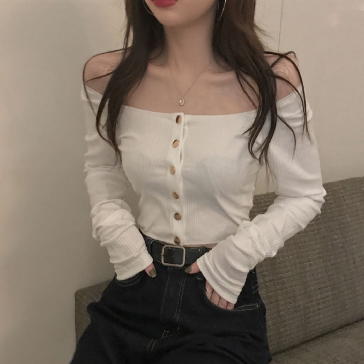 2wayゴールドボタントップス♡デコルテ美しく S1746