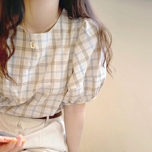 パフスリーブチェックニット ふんわり可愛いプルオーバー S1513