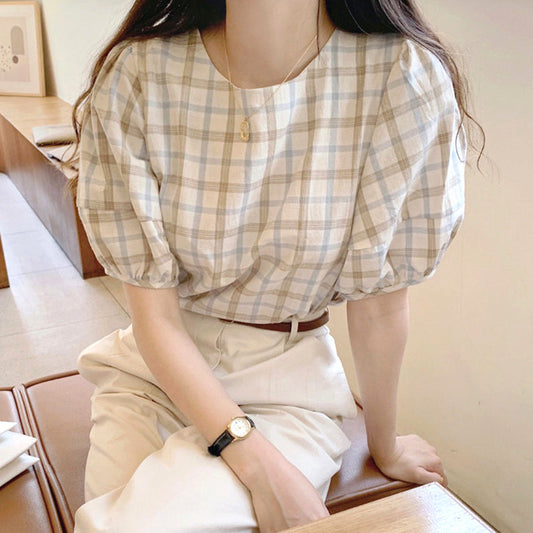 パフスリーブチェックニット ふんわり可愛いプルオーバー S1513