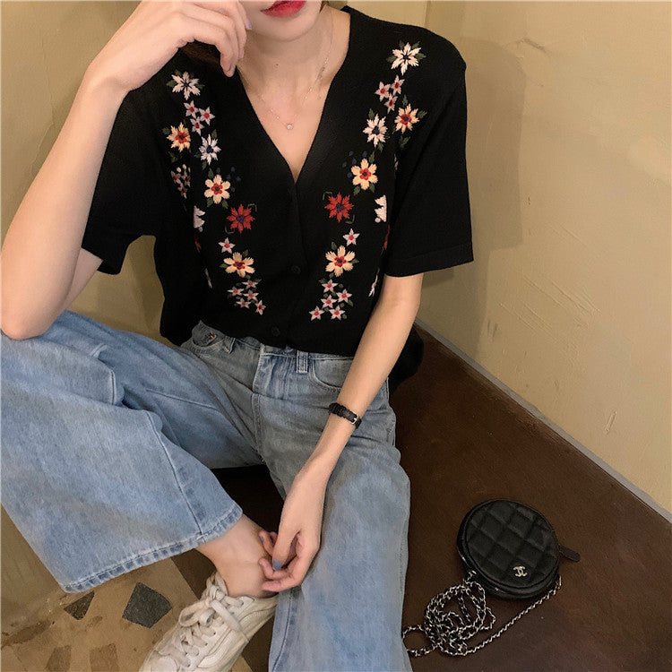 刺繍Vネックカーディガン/トップス S1458