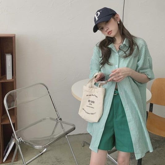 半袖ボーダーオーバーシャツ♡ゆるふわ着こなし S1415