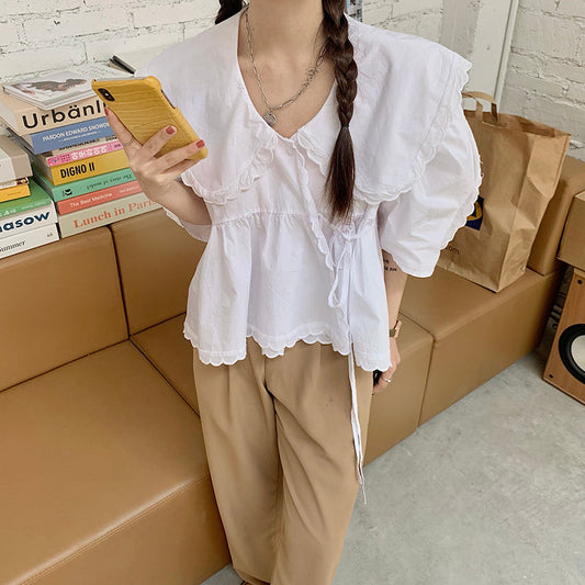 スカラップビッグカラー半袖ブラウス 大人可愛いデザイン S1544