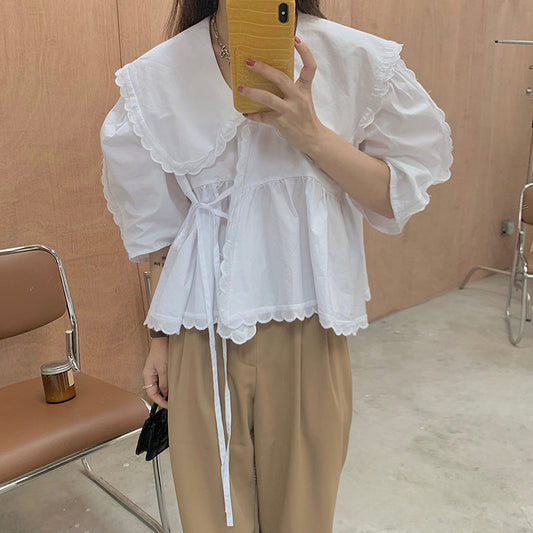 スカラップビッグカラー半袖ブラウス 大人可愛いデザイン S1544