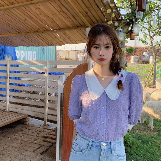 半袖レトロブラウス シンプルで可愛いデザイン S1446