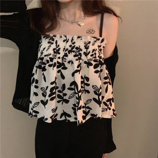 花柄モノクロキャミ 大人可愛いワンピース風 S1414