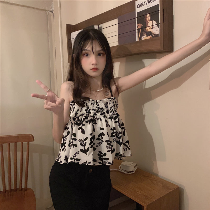 花柄モノクロキャミ 大人可愛いワンピース風 S1414