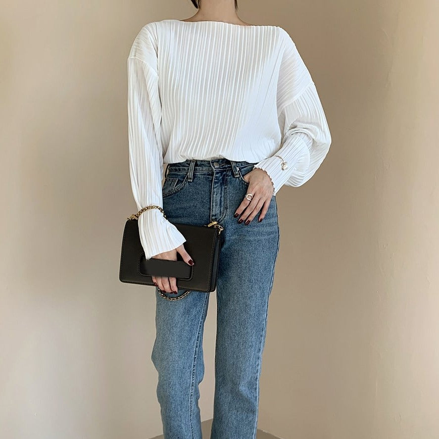ボートネックプリーツブラウス 上品でゆったりシルエット♡ S2561