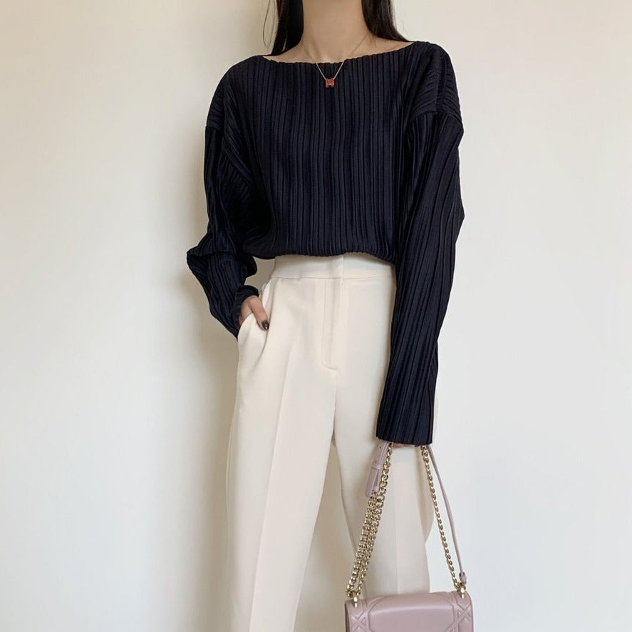 ボートネックプリーツブラウス 上品でゆったりシルエット♡ S2561