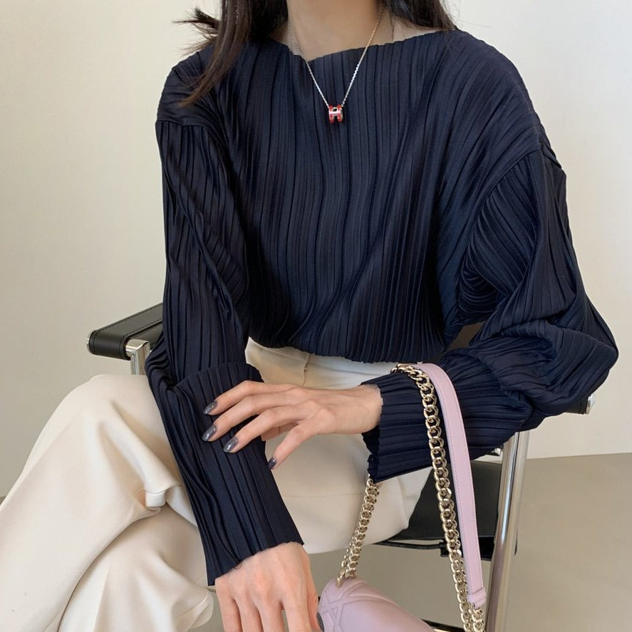 ボートネックプリーツブラウス 上品でゆったりシルエット♡ S2561