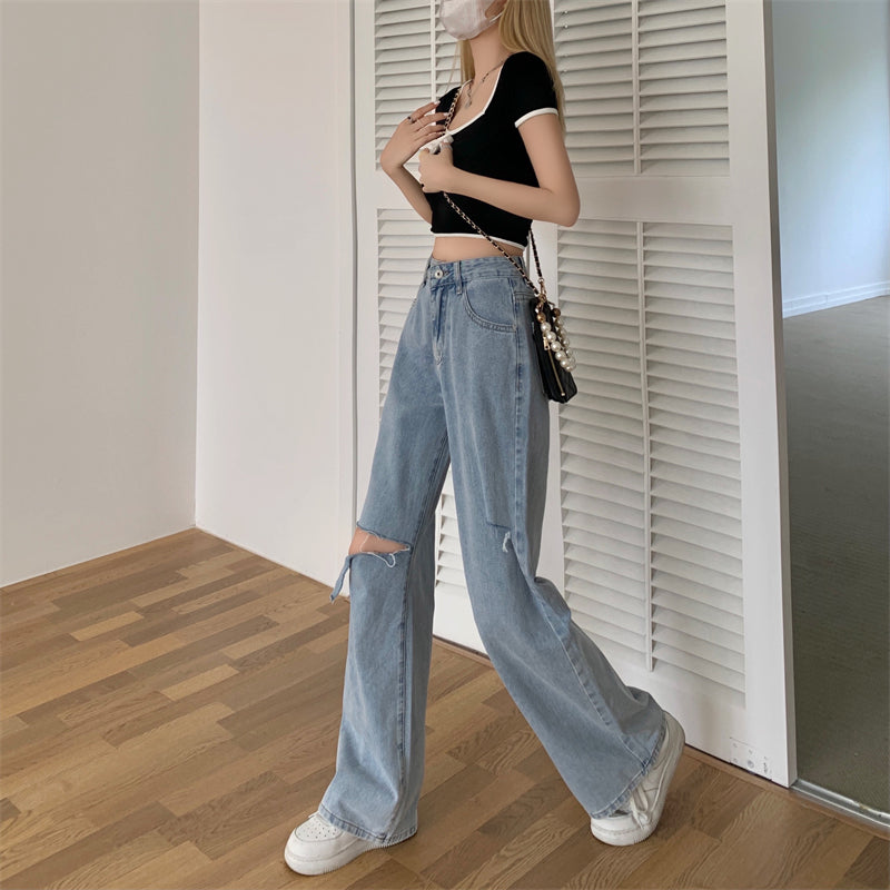 ハイウエストストレートダメージデニムパンツ S2692