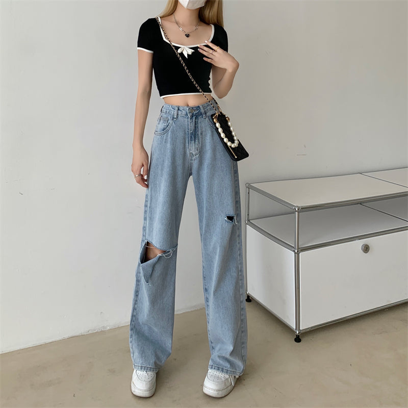 ハイウエストストレートダメージデニムパンツ S2692