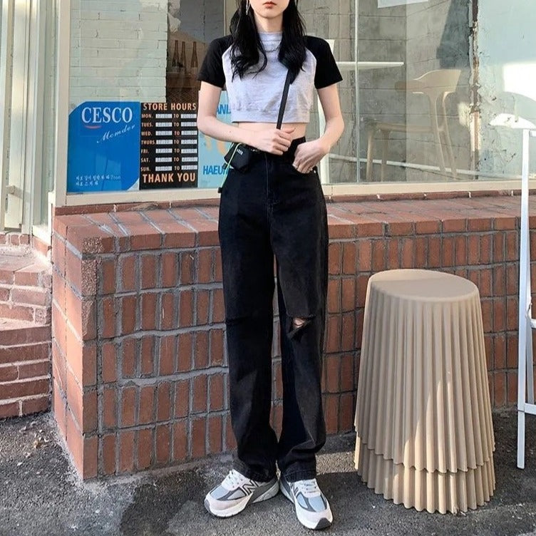 ストレートダメージブラックデニムパンツ♡大人可愛い S2691
