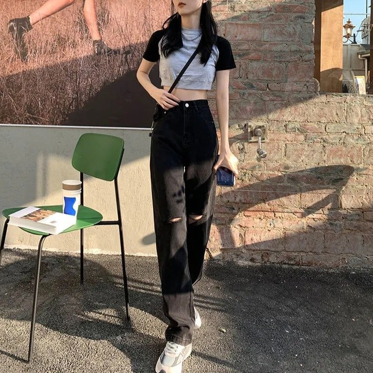 ストレートダメージブラックデニムパンツ♡大人可愛い S2691