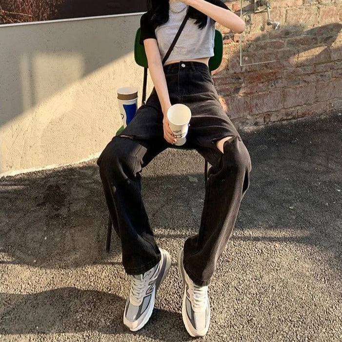 ストレートダメージブラックデニムパンツ♡大人可愛い S2691