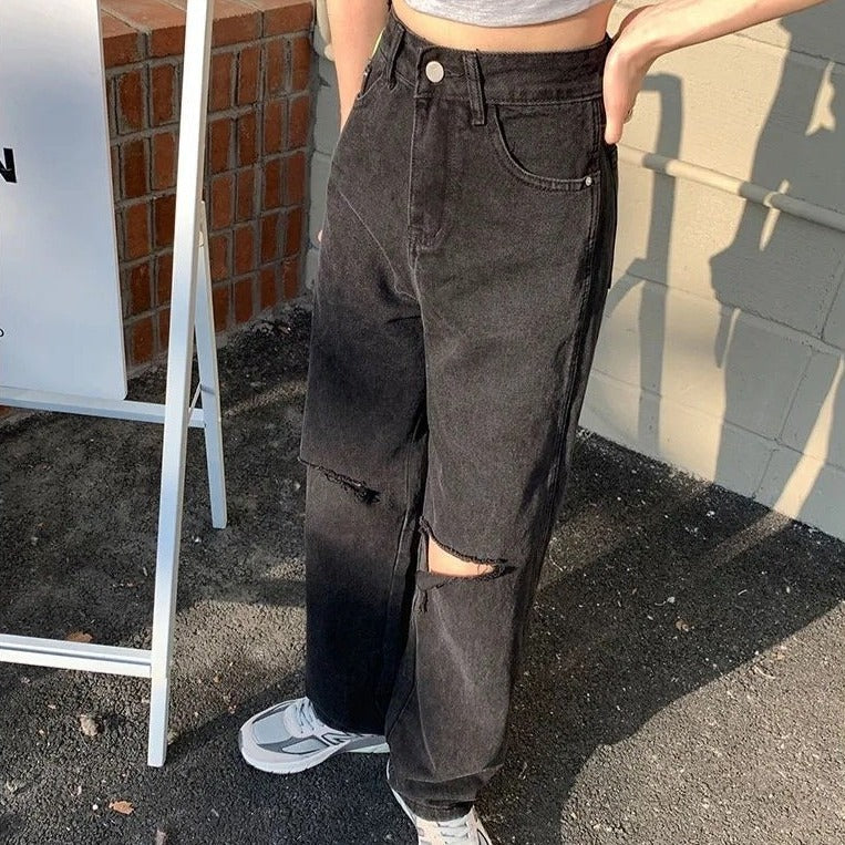 ストレートダメージブラックデニムパンツ♡大人可愛い S2691