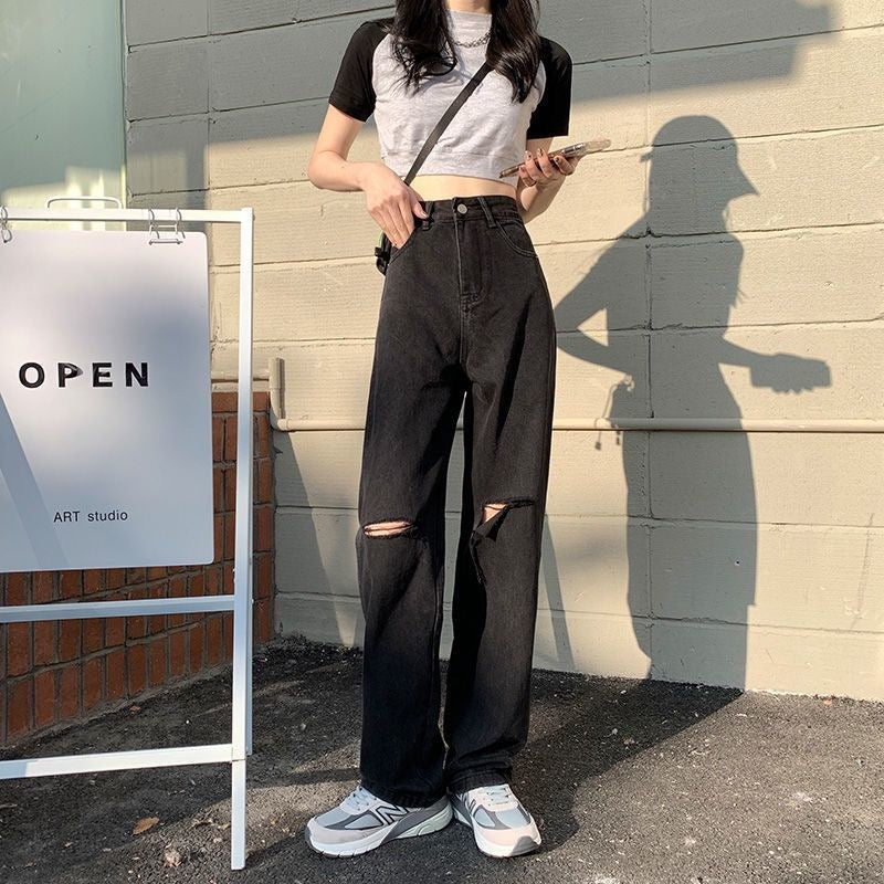 ストレートダメージブラックデニムパンツ♡大人可愛い S2691