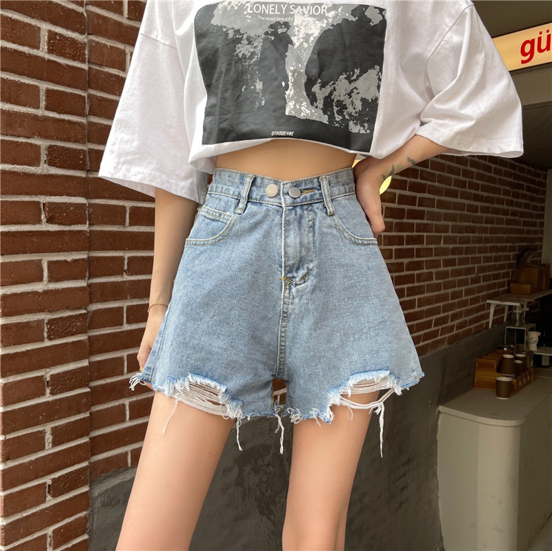 ダブルボタン ダメージショートデニムパンツ S1818