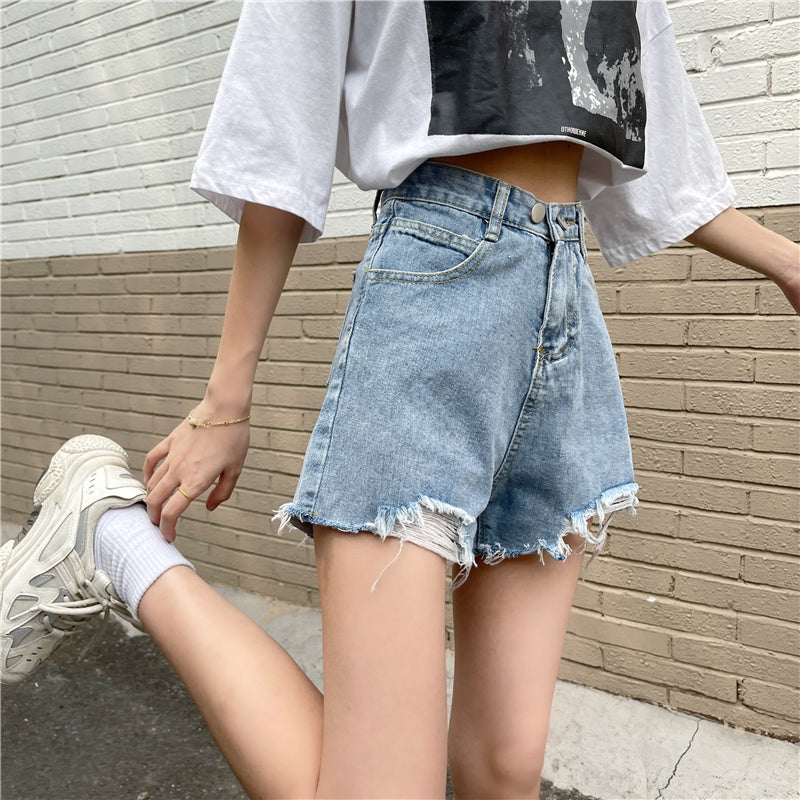 ダブルボタン ダメージショートデニムパンツ S1818